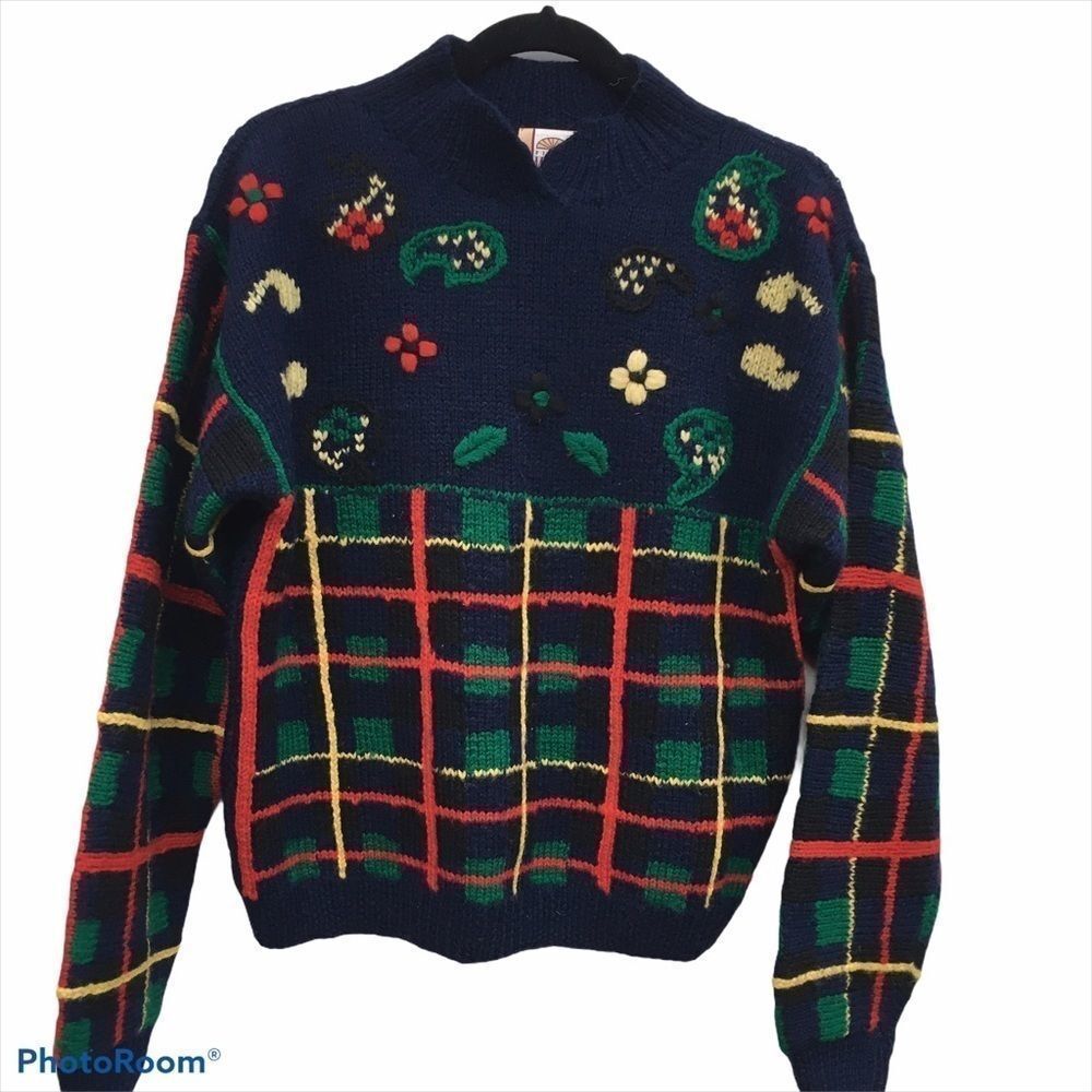 Vintage Field Manor 100% Wool Hand Knit Plaid Floral Sweater Navy Blue M